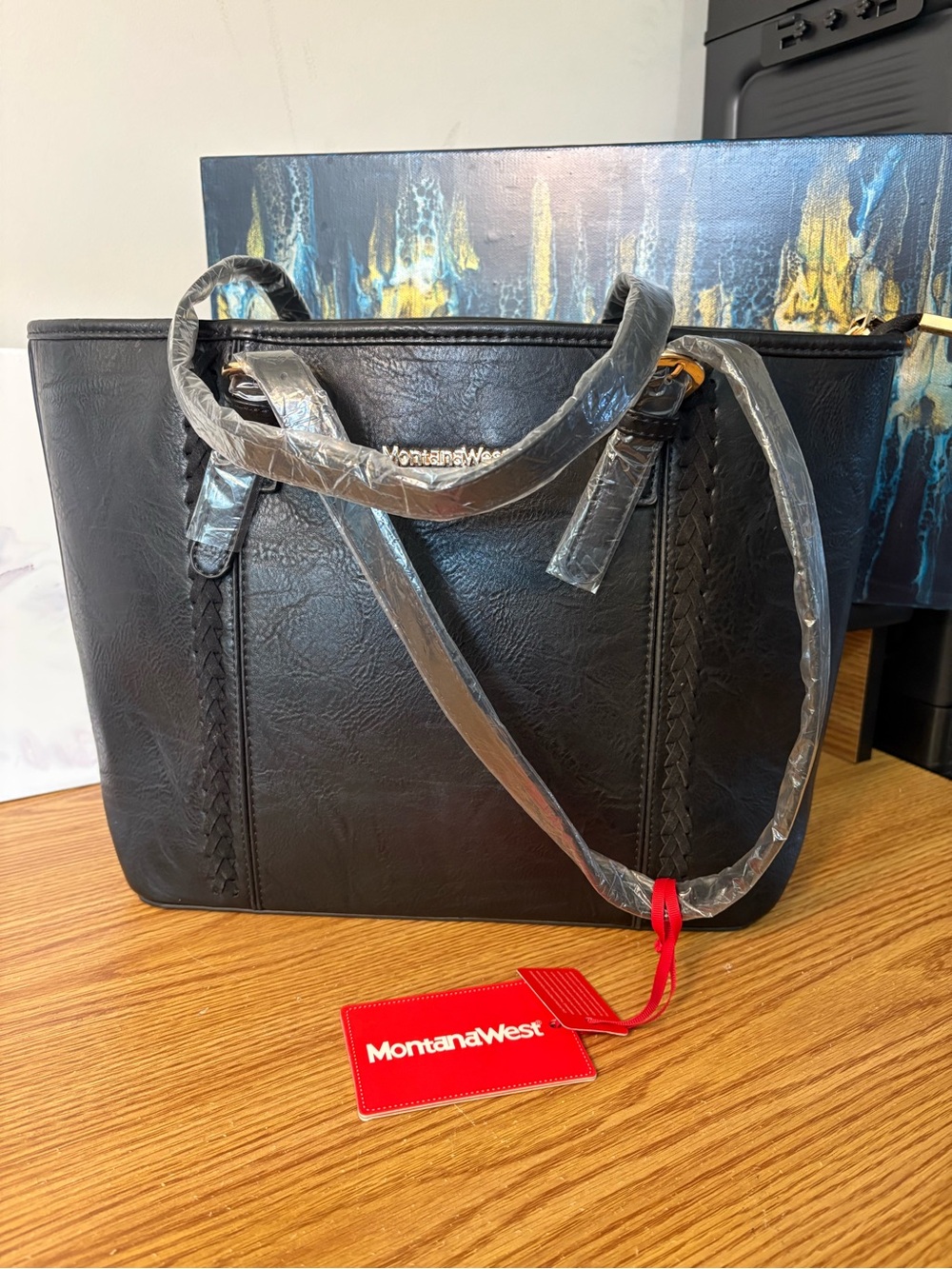 Montana West Black Tote with Braided Trim and Gold Accents